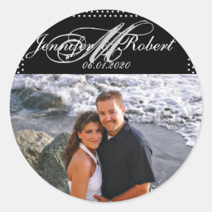 Silver Monogram on Black with Polka Dots Wedding Classic Round Sticker
