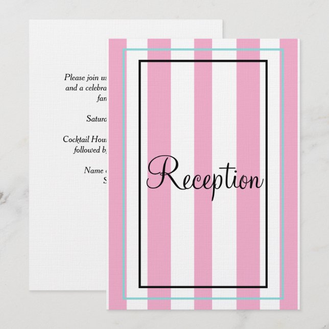 Silver Monogram Pink White Blue Stripes Reception Invitation (Front/Back)