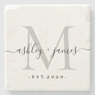 Silver Monogram Script Wedding Stone Coaster