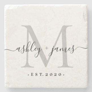 Silver Monogram Script Wedding Stone Coaster