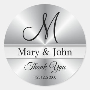 Silver Monogram Wedding Thank You Classic Round Sticker