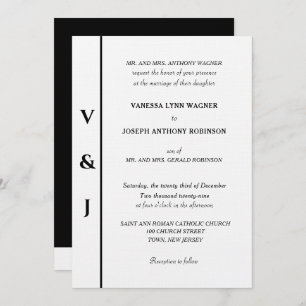 Silver Monogram White Black Wedding Invitation