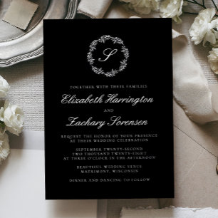 Silver Monogram Wreath Script Black Wedding
