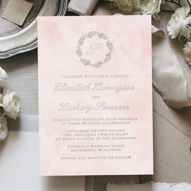 Silver Monogram Wreath Script Blush Pink Wedding (Creator Uploaded)