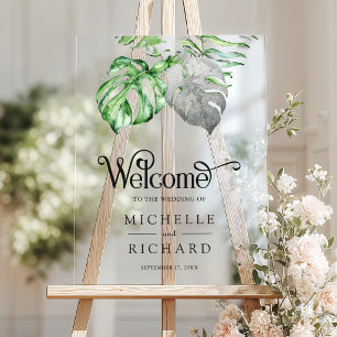 Silver Monstera Tropical Palm Wedding Welcome Acrylic Sign
