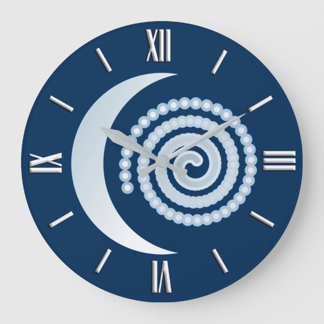 Silver Moon Spiral, dark blue Large Clock (Front)