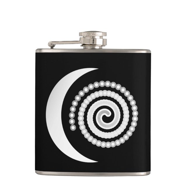Silver Moon Spiral on black Hip Flask (Front)