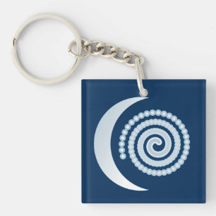 Silver Moon Spiral on dark blue Key Ring