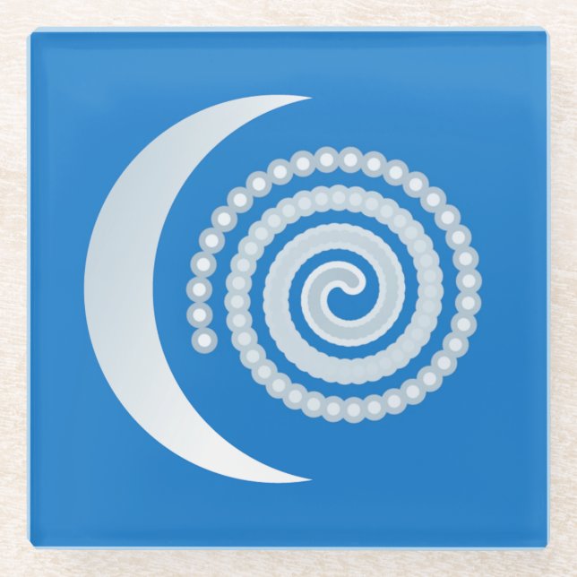 Silver Moon Spiral on deep blue Glass Coaster (Front)