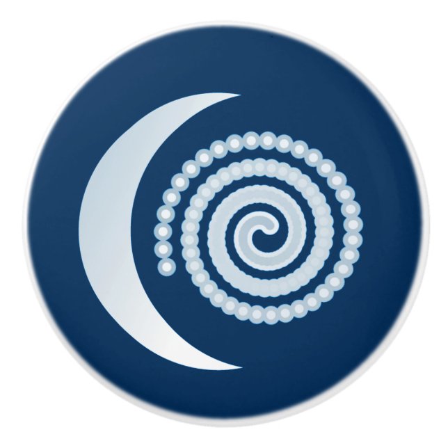 Silver Moon Spiral on navy blue Ceramic Knob (Front)