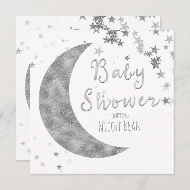 Silver Moon & Stars Baby Shower White Invitations (Front/Back)