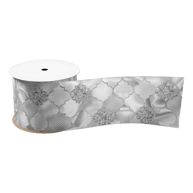 Silver Moroccan Quatrefoil Pattern Satin Ribbon (Spool)