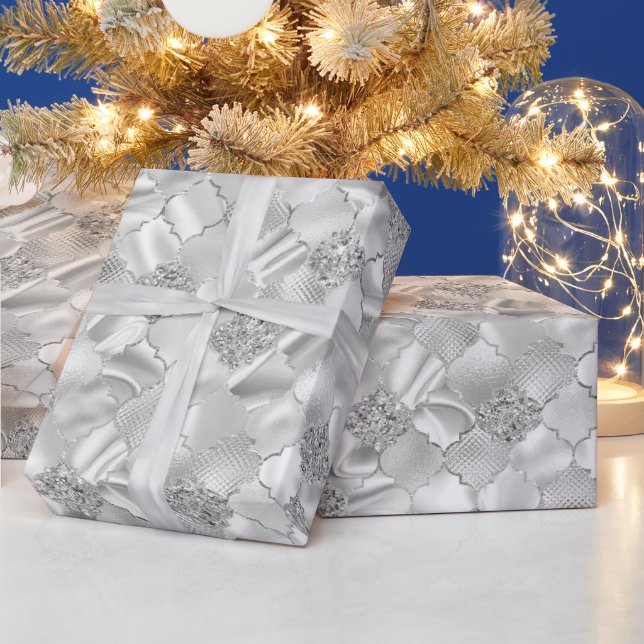 Silver Moroccan Quatrefoil Pattern Wrapping Paper (Holidays)
