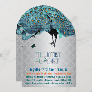 Silver Moroccan Tile Aqua & Coral Peacock Wedding Invitation