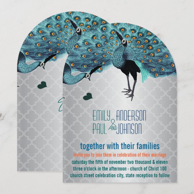 Silver Moroccan Tile Aqua & Coral Peacock Wedding Invitation (Front/Back)
