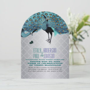 Silver Moroccan Tile Aqua & Coral Peacock Wedding Invitation