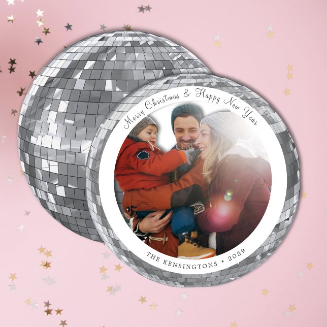Silver Mosaic Festive Winter Family Holiday Card (Custom Round Disco Ball Family Christmas Card)