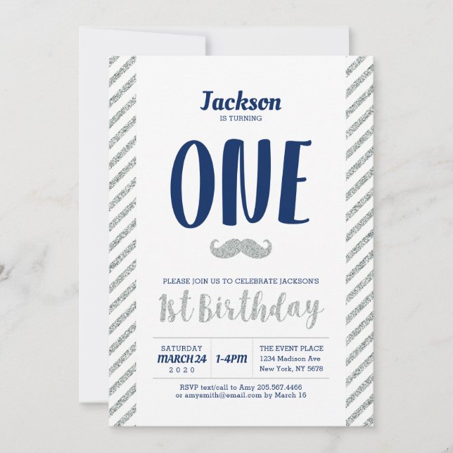 Silver, Moustache | Boy 1st Birthday Invitation (Front)