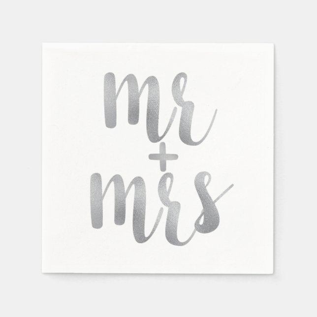 Silver mr. & mrs. cocktail napkins, foil font napkin (Front)