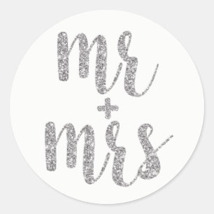 Silver Mr. & Mrs. stickers, glitter, round Classic Round Sticker