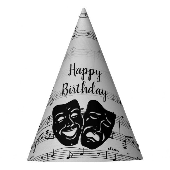 Silver Music and Theatre Masks Birthday Party Hat (Front)