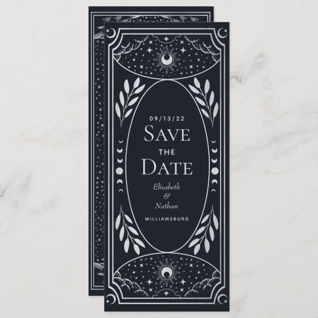 Silver Mystical Sun Moon Tarot Card Save the Date (Front/Back)