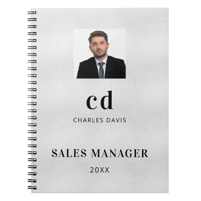 Silver name initials photo business  notebook (Front)