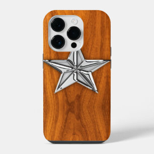 Silver Nautical Star on Teak Veneer Decor iPhone Case