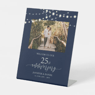 Silver & Navy 25th Wedding Anniversary Welcome Foa Pedestal Sign