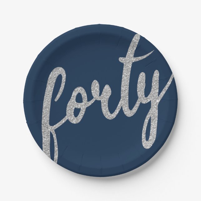 Silver Navy 40 Birthday Party Glitter "Forty" Paper Plate (Front)