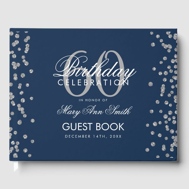Silver Navy 60th Birthday Party Glitter Confetti Guest Book (Front)