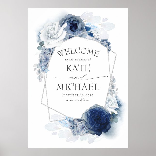 Silver Navy and Dusty Blue Floral Wedding Welcome  Poster (Front)