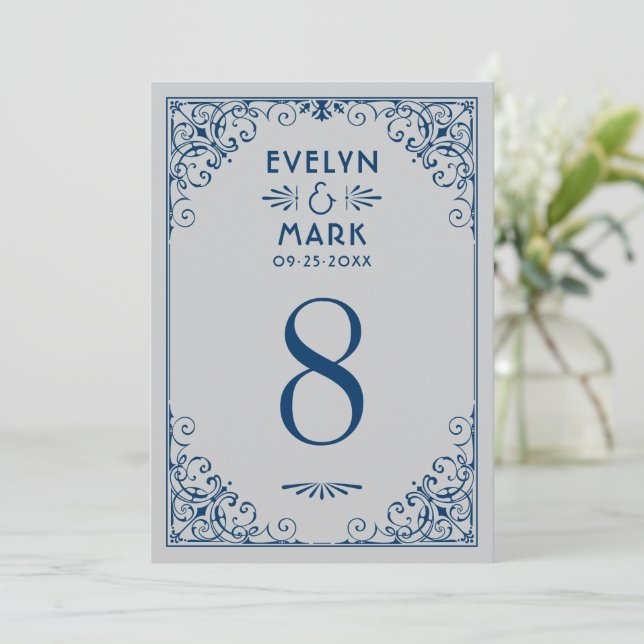 Silver Navy Art Deco White Table Number Card (Standing Front)