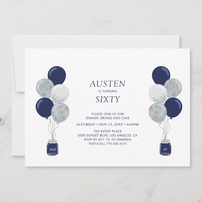 Silver & Navy Balloon Modern Adult Birthday Party Invitation (Front)