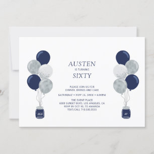 Silver & Navy Balloon Modern Adult Birthday Party Invitation