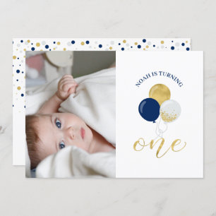 Silver & Navy Balloons Boy 1st Birthday Party Invitation