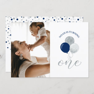 Silver & Navy Balloons   Boy 1st Birthday Party Invitation