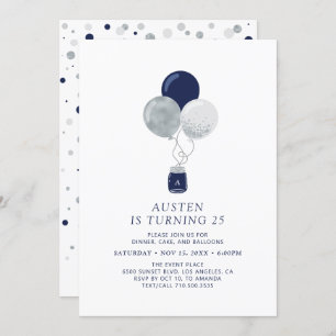 Silver & Navy Balloons Modern Adult Birthday Party Invitation