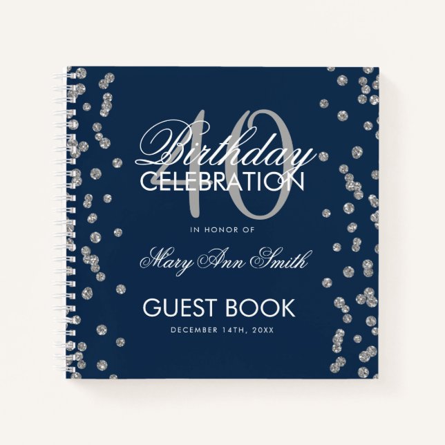 Silver Navy Blue 40th Birthday Guestbook Confetti Notebook (Front)