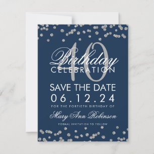 Silver Navy Blue 40th Birthday Save Date Confetti Save The Date