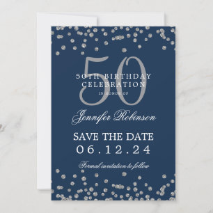 Silver Navy Blue 50 Birthday Save Date Confetti Invitation