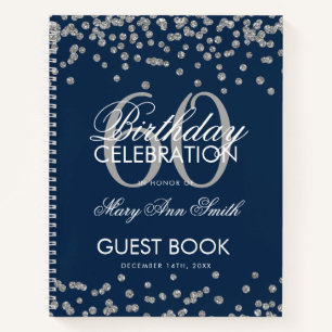 Silver Navy Blue 60th Birthday Guestbook Confetti Notebook