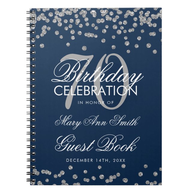 Silver Navy Blue 70th Birthday Guest Book Confetti (Front)