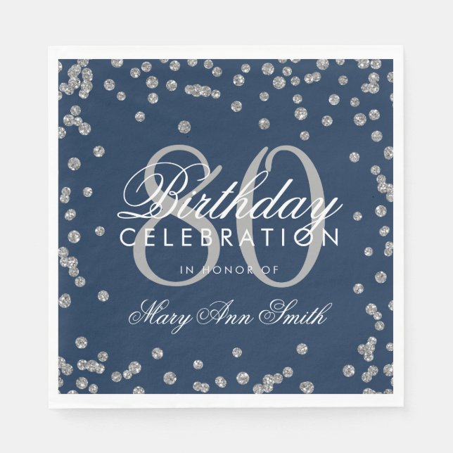 Silver Navy Blue 80th Birthday Glitter Confetti Napkin (Front)