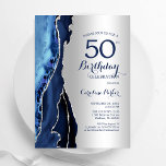 Silver Navy Blue Agate 50th Birthday Invitation<br><div class="desc">Navy blue and silver  agate 50th birthday party invitation. Elegant modern design featuring royal blue watercolor agate marble geode background,  faux glitter silver and typography script font. Trendy invite card perfect for a stylish women's bday celebration. Printed Zazzle invitations or instant download digital printable template.</div>