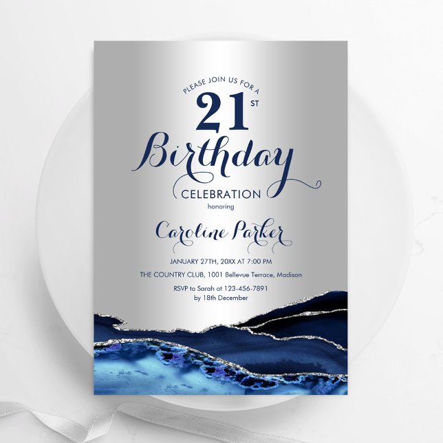 Silver Navy Blue Agate Marble 21st Birthday Invitation (Creator Uploaded)