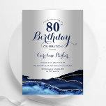 Silver Navy Blue Agate Marble 80th Birthday Invitation<br><div class="desc">Navy blue and silver agate 80th birthday party invitation. Elegant modern design featuring royal blue watercolor agate marble geode background,  faux glitter silver and typography script font. Trendy invite card perfect for a stylish women's bday celebration. Printed Zazzle invitations or instant download digital printable template.</div>