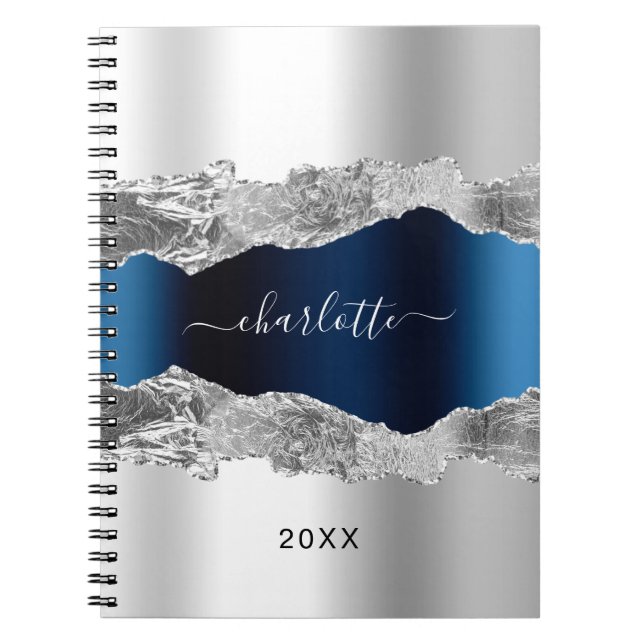Silver navy blue agate marble name script elegant notebook (Front)