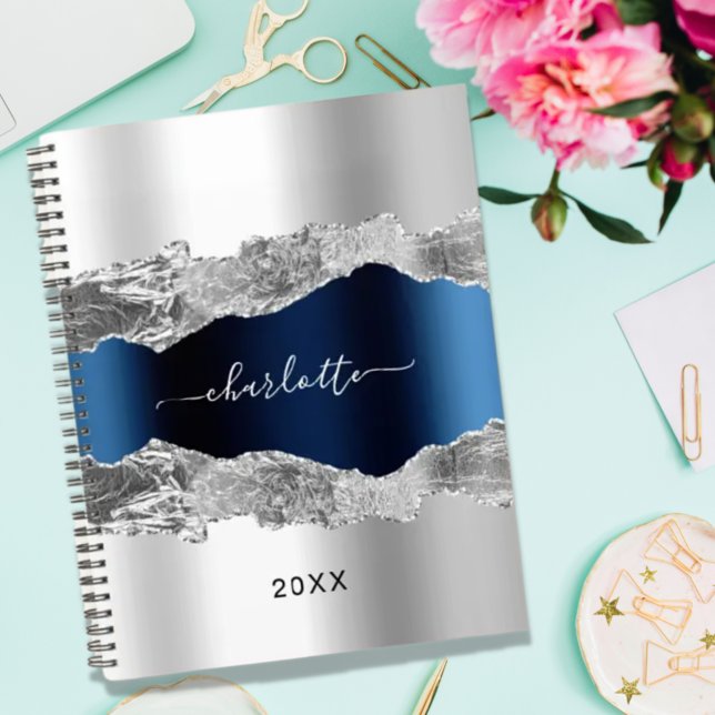 Silver navy blue agate marble name script elegant notebook (Creator Uploaded)