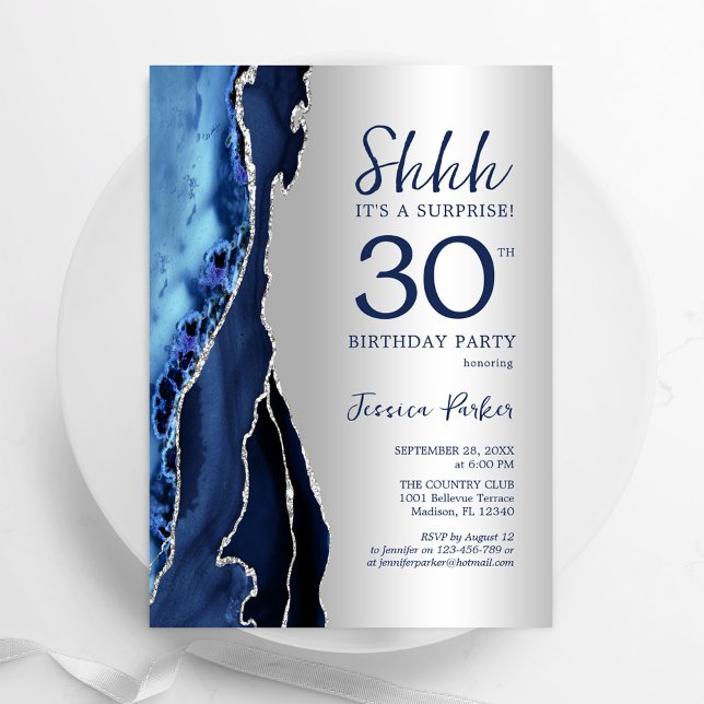 Silver Navy Blue Agate Surprise 30th Birthday Invitation (Creator Uploaded)